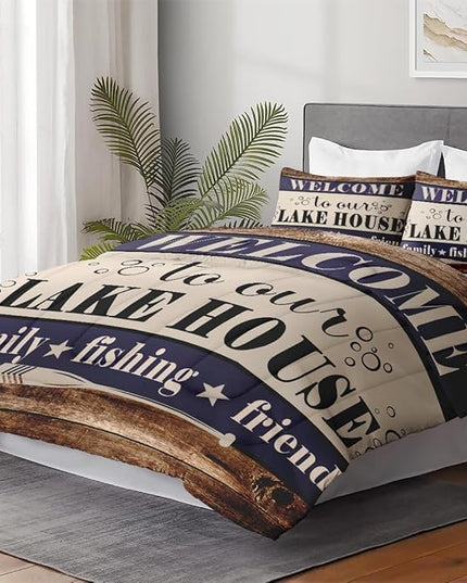 Twin Size Comforter Set with Pillowcase, Welcome Lake House 2 Pcs Bedding for Kids and Adults, Woodboard Family Fishing Cabin Soft Comforter Set for Bedroom Bed Decor