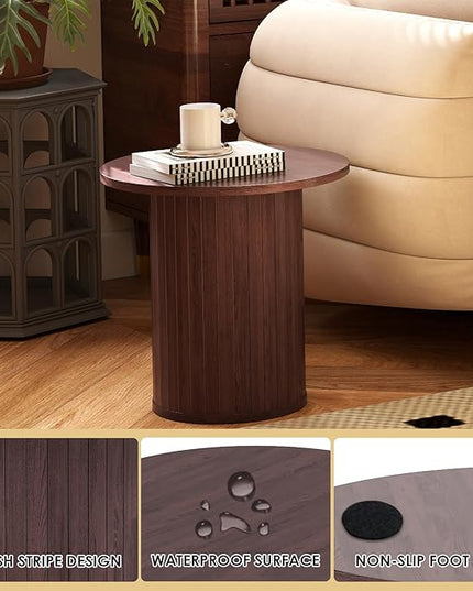 COSVALVE Round Wood Fluted End Table, 15.7“ Circle Farmhouse Side Table Sets for Living Room, Bedroom, Balcony, Small Spaces, Walnut