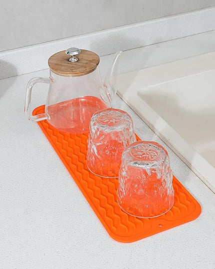 Silicone Dish Drying Mat for Multiple Usage,Easy clean,Eco-friendly,Heat-resistant Silicone Mat for Kitchen Counter,Sink,Bar,Bottle,or Cup Orange M 17 inches x 6 inches