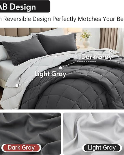 MUXHOMO 7 Pieces King Comforter Set, Reversible Bed in a Bag King Size, All Season Bedding Set with Comforter, Flat Sheet, Fitted Sheet, Pillowcases & Shams, Dark Grey & Light Grey