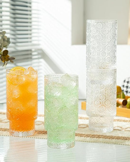 Drinking Glasses Set of 4, 16oz Textured Flower Design Cocktail Glasses, Stackable Old Fashioned Glass Cups, Vintage Glassware for a baby Shower Wedding for Kitchen and Bar - Dishwasher Clear
