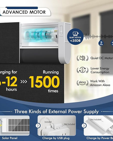 Motorized Blinds with Remote,100% Blackout Smart Roller Shades,Rechargeable Smart Blinds【Solar Panel Included】 Wireless Electric Cordless Shades with Cover Compatible with Alexa Black 46 * 72