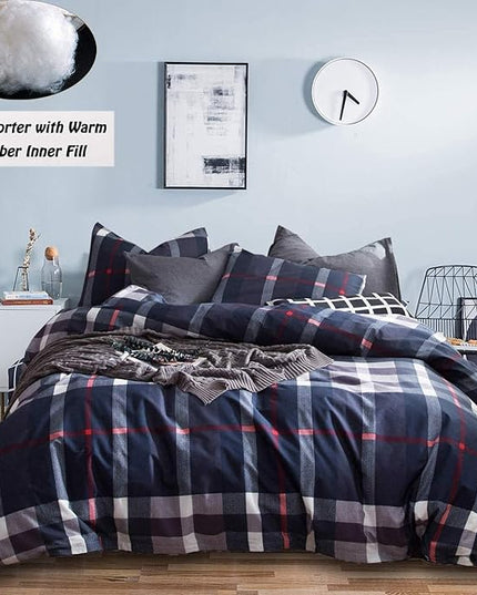 Houseri Navy Plaid Comforter Set King Dark Blue Grid Bedding Sets King Size Men Classic Navy Buffalo Checkered Bed Sets Tartan Gingham Deep Color Checks Quilt Blanket King