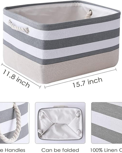 TheWarmHome Storage Basket Fabric Basket with Handles Dog Toy Basket Cloth Storage Bin Shelf Basket Decorative Storage Basket Shoe Basket Gift Basket(Grey&White Stripes-1 Pack,15.7L×11.8W×8.3H)