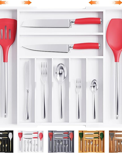 Bellsal Large Premium Bamboo Silverware Organizer - Expandable Utensil Drawer Organizer - 17"x19.6" Utensil Holder and Cutlery Tray with Grooved for Kitchen Flatware and Utensils(7-9 Slot, White)