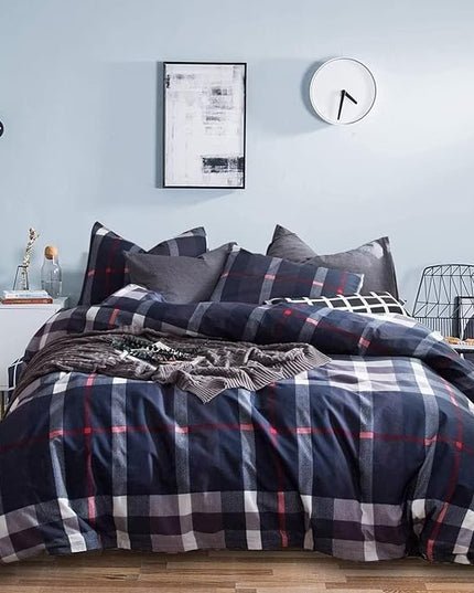 Houseri Dark Navy Plaid Comforter Sets Cal King Deep Blue Bedding Set California King Size Navy Grid Buffalo Checkered Bed Sets Tartan Gingham Check Blanekts Cali King