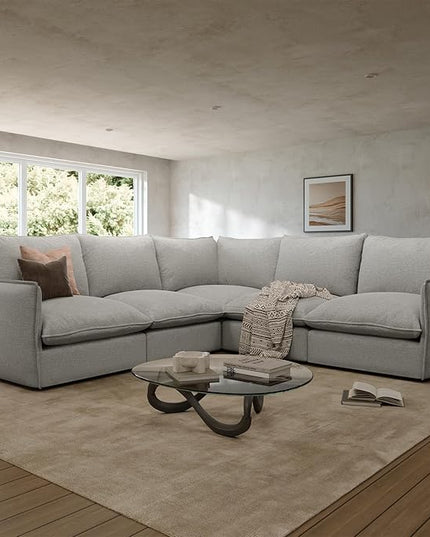 Waterproof Cloud Sectional Sofa for Living Room,High Backrest Down Filled Couch,5 Seater Oversized Modular V-Shaped Couches,Detachable Couch Covers,Light Grey