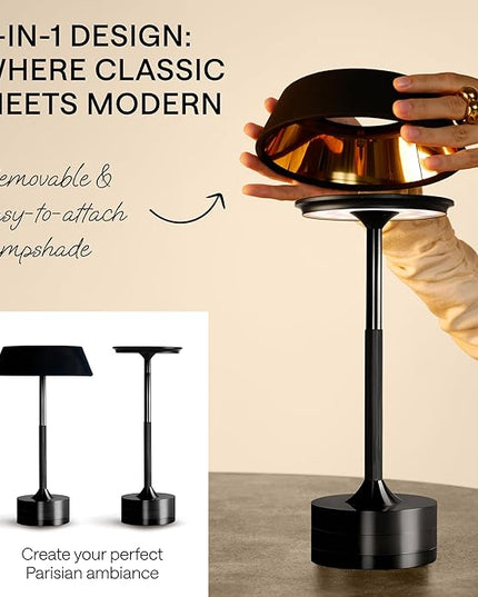 LED Cordless Table Lamp - Rechargeable Light for Home, Bedside, Kitchen - Small Dimmable Tap Lights - Battery Powered Touch Lamp for Desk Wireless - Black and Gold Lamp Shades, IP44, USB Type C Cable