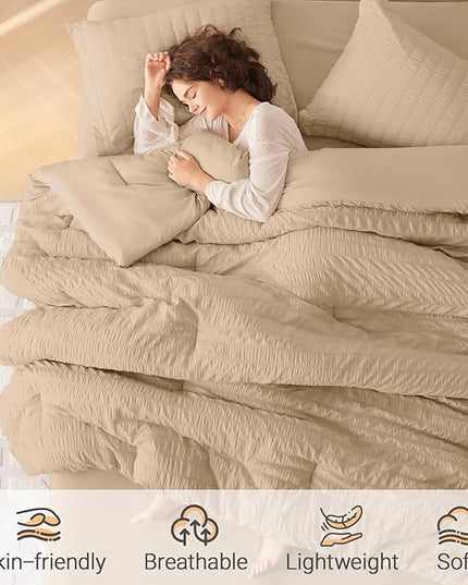 MUXHOMO 7 Pieces Full Comforter Set, Seersucker Bed in a Bag Full Size, All Season Luxury Bedding Set with Comforter, Flat Sheet, Fitted Sheet, Pillowcases & Shams, Khaki