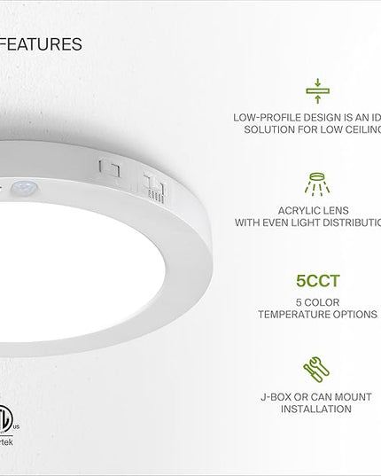 ASD LED 9" Round Flush Mount Ceiling Light Fixture, Low Profile Surface Lighting | 5CCT, Motion Sensored, Ultra-Thin, ETL Listed | 15W 1300LM 2700-6000K 120V | Kitchen, Bedroom, Hallway Lamp | White