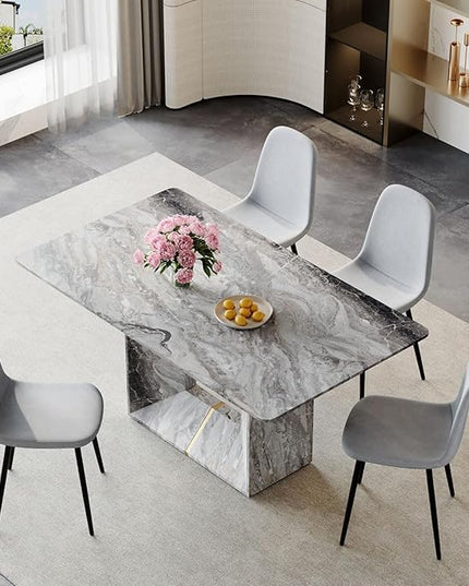 Dinner Table Set for 4, 5 Piece Dining Table Set with Chairs, 63" Faux Marble Modern Table with 4 Linen Fabric Chairs, for Kitchen & Dining Room