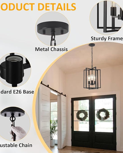 Black Farmhouse Modern Chandelier Light Fixture for Dining Room, 3 Light Rustic Kitchen Island Metal Pendant Hanging, Adjustable Geometric Foyer Light Fixtures for Entryway Hallway Living Room