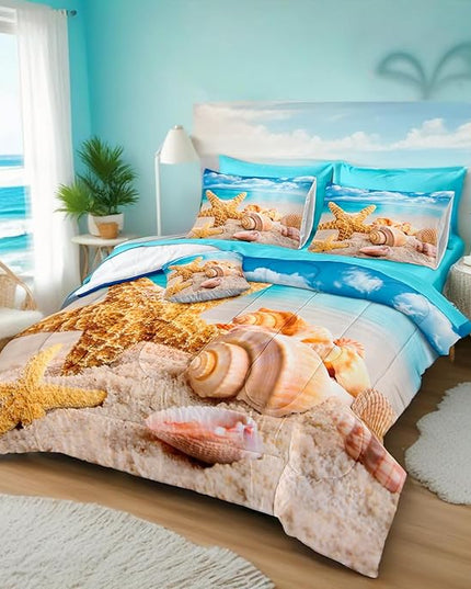 Bedbay Beach Comforter Set 8 Pieces Queen Size Coastal Bedding Queen Bed in a Bag Shell Starfish Beach Themed Bedding Set Soft Microfiber Ocean Comforter for All Season