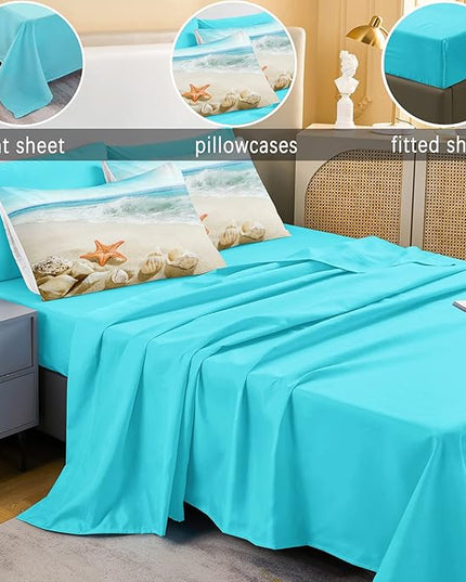 Bedbay Beach Comforter Set 8 Pcs Queen Bed in a Bag Coastal Bedding Ocean Beach Themed Bedding Set Queen Comforter with Sheets Turquoise Seaside Starfish Quilt Set (Aqua,Queen)