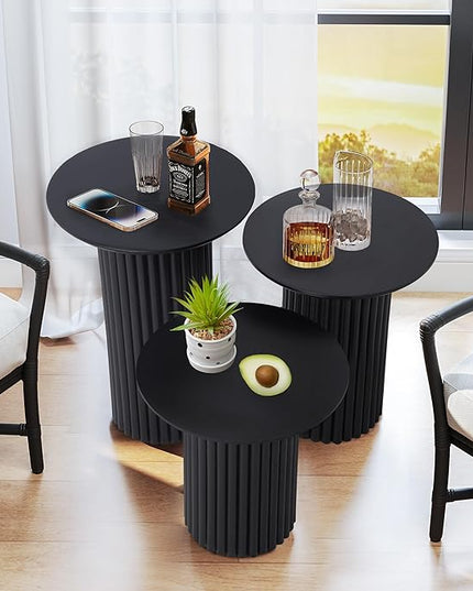 Round Nesting Coffee Table Set of 3,Mid Century Modern Fluted Coffee and End Table Set,Small Circle Wooden Side Table Drink Table for Living Room (Black)