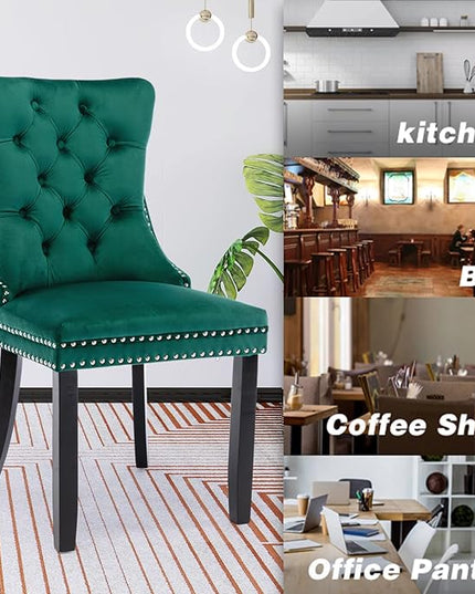 SoarFlash Velvet Dining Chairs Set of 6, Tall Back Side Chair, Modern Upholstered High-end Tufted Side Chair with Button Back Ring, Solid Wood Legs (Green)