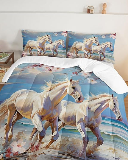 Western Farmhouse Horse Comforter Set,Pink Cherry Blossoms Bedding Sets for Kids Teens Girls Room Decoration,Coastal Beach Theme Bedding Full Size Comforter Sets for Girls with 2 Pillowcases.