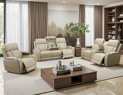 Power Recliner Sofa Set with Drop-Down Table, 3-Piece Leather Reclining Sofa Sectional Couches, Living Room Furniture Sets, Reclining Sofa with Cup Holders/Storage Console for House(Beige)