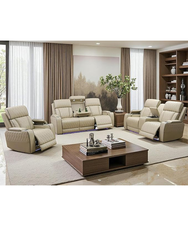 Power Recliner Sofa Set with Drop-Down Table, 3-Piece Leather Reclining Sofa Sectional Couches, Living Room Furniture Sets, Reclining Sofa with Cup Holders/Storage Console for House(Beige)
