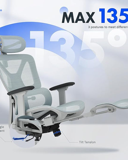 FLEXISPOT ErgoX Premium Ergonomic Office Chair with Footrest- Adjustable 3D Armrests, Dynamic Lumbar Support, Recline & Tilt Function, Mesh Seat, for Home & Office Use,Blue