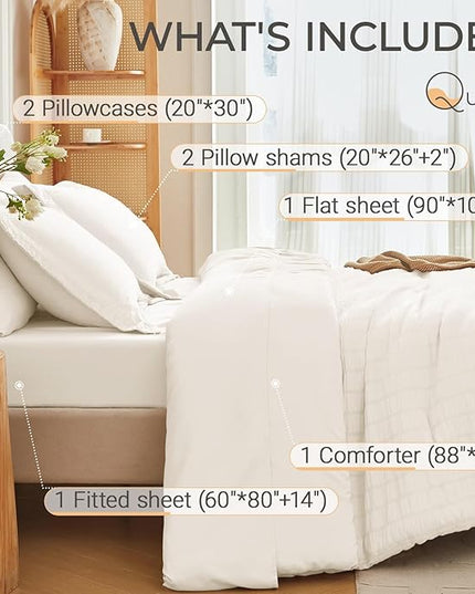 MUXHOMO 7 Pieces Queen Comforter Set, Seersucker Bed in a Bag Queen Size, All Season Luxury Bedding Set with Comforter, Flat Sheet, Fitted Sheet, Pillowcases & Shams, Ivory