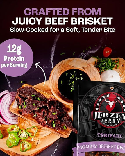 Jerzey Jerky Teriyaki Brisket Jerky 2.5oz (2 Pack) – High Protein, Gluten Free and Healthy Beef Snacks with Rich, Authentic Flavor