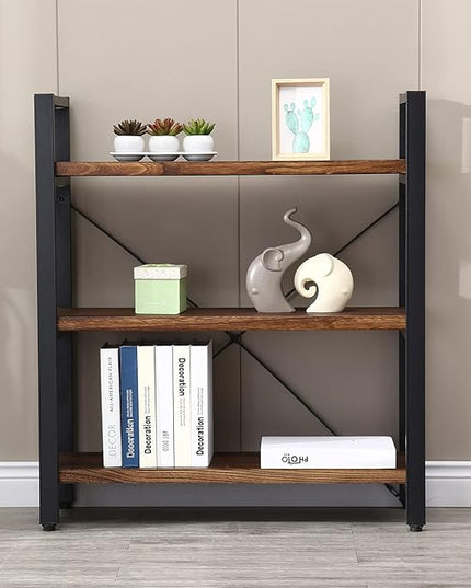 Natural Real Solid Wood Bookcase,3 Tier Metal and Wood Open Book Shelf Storage Farmhouse Wide Etagere Bookcase for Office Living Bedroom