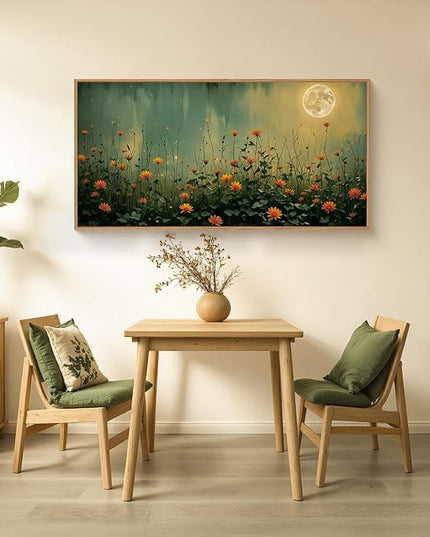 HOURIA Mystical Midnight Wildflower Framed Canvas Wall Art Set,Moonlit Orange Floral Wall Decor,Nature Inspired Landscape Artwork,Watercolor Art Prints for Living Room,Bedroom,Farmhouse- 20"×40"×1
