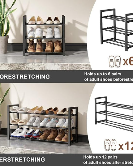 3-Tier Expandable Shoe Rack, Adjustable Shoe Shelf Storage Organizer Heavy Duty Metal Free Standing Shoe Rack for Entryway Closet Doorway (Black)