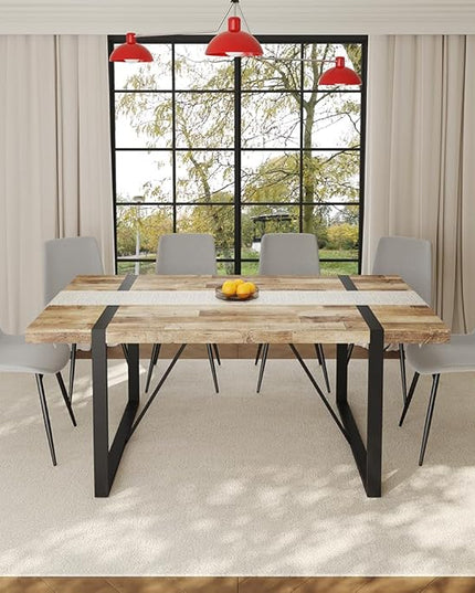 7 Piece Dining Table Set for 6, 71" Wood Kitchen Table Set with 6 Fabric Chairs, Modern Rectangular Dining Room Table and Chairs Set for Home, Kitchen, or Living Room