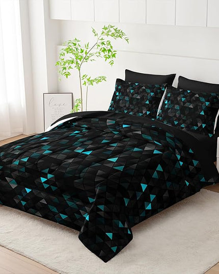 Geometric Turquoise Black Triangle Queen Comforter Set, Light Honeycomb Bedding Set 7 Piece in A Bag,Bed Sheet Set Geometry Decor,Microfiber Lightweight All Season