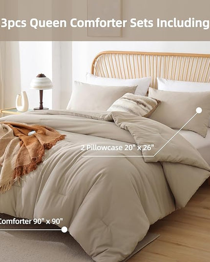 ROSGONIA Oversized Queen Comforter Light Khaki, 3pcs (1 Comforter & 2 Pillowcases) Lightweight Oversized Queen Comforter Sets Bedding Blanket Quilts