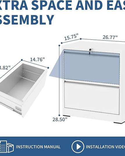 2 Drawer File Cabinet with Lock, White Metal Lateral Filing Cabinets for Home Office, Heavy Duty Steel Horizontal Locking Storage Cabinet for Legal/Letter/A4 Size File, Assembly Required