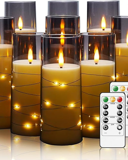 Flickering Flameless LED Candles, 9 Pcs with Embedded Star String, Acrylic LED Pillar Candles with Remote, Suitable for Home Decoration (Grey)