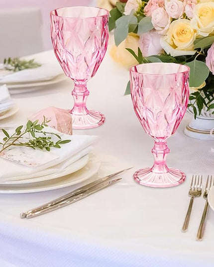 32 Pack Vintage Wine Glasses, Plastic Reusable 12 Ounce Colored Water Goblets, Unique Embossed Pattern Unbreakable Stemmed Wine Glasses, High Clear Wedding Party Bar Drinking Cups Pink