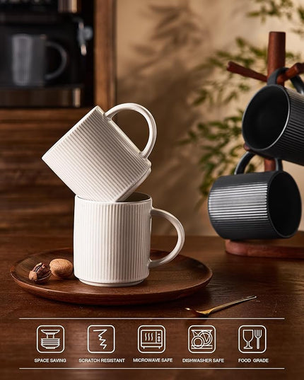 famiware Coffee Mug Set for 6, Star 16 oz Catering Mugs Cup Set with Handle for Coffee, Tea, Cocoa, Milk - Ceramic Stoneware Drinkware Set, Matte White + Matte Dark Charcoal