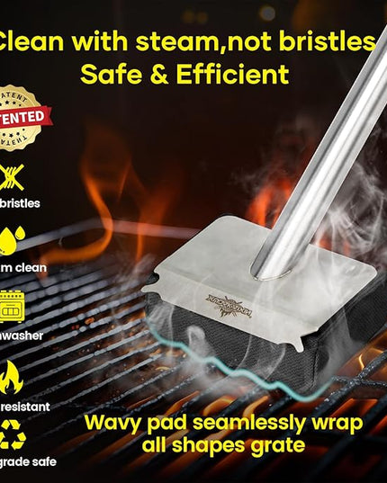 Grill Brush Bristle Free,Upgraded Aramid Fiber Wavy Pad Perfect for Cast Iron Grates/Porcelain/Weber Gas/Charcoal Grill,Replaceable Cleaning Head,Safe Grill Brush for Outdoor Grill