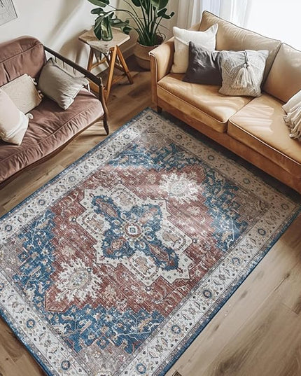 jinchan 5x7 Area Rugs for Bedroom - Machine Washable Tribal Vintage Floral Stain Resistant Ultra-Thin Low-Pile Non-Slip Distressed Carpet for Living Room Dining Room Kitchen