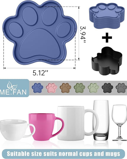 ME.FAN Silicone Coasters 6 Pack Paw Cup Mat with Holder, Dog Cat Paw Shape, for Hot or Cold Drink, Non-Slip, Non-Stick, Room Decor, Housewarming Dusty Rose
