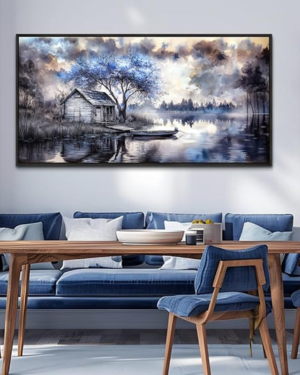 ERQINHUA Large Wall Decor For Living Room Canvas Wall Art For Office Bedroom Blue Tree Lakeside Landscape Painting Black Frame Artwork Pictures Modern Beach Posters Ready To Hang Home Decor 30"x60"