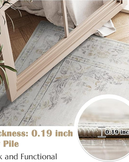 jinchan Vintage Floral Runner Rug 2x5 - Machine Washable Distressed Design Non-Slip Low-Pile Soft Thin Carpet for Hallway Kitchen Farmhouse Bedroom Entryway Laundry Room (2x5ft, Light Grey)