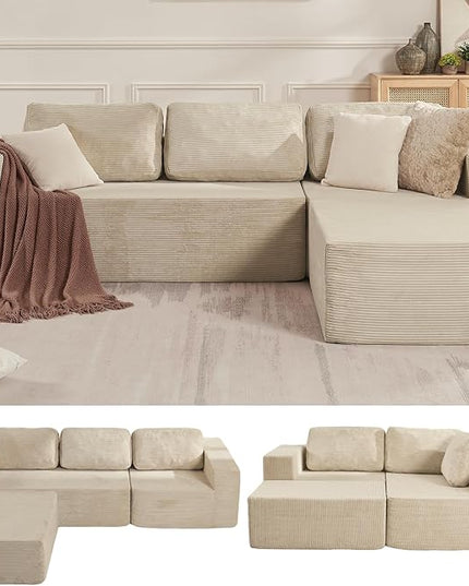 106" Cloud Sectional Couch, Left/Right Facing Convertible Sofa with Deep Seat, L-Shape Modular Upholstered Foam Couch for Living Room Bedroom, No Assembly Required (Corduroy Fabric, Beige)