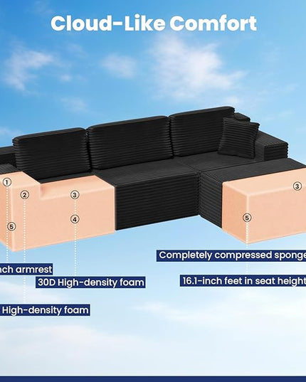 Bashaw 108" Cloud Sectional Couch Sofa with L-Shape Chaise, Modern Modular Sofa Couch Upholstered Couches for Living Room Bedroom, No Assembly Required (Black, L Shape)