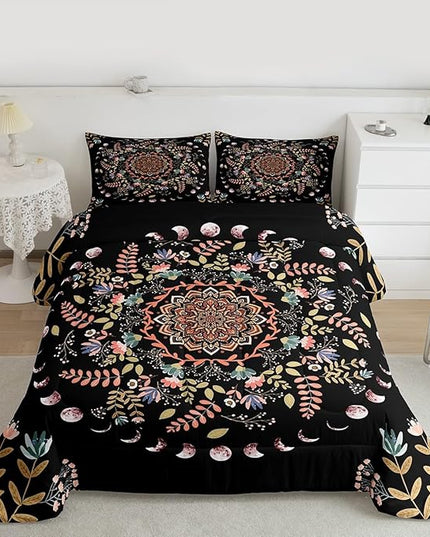Sun and Moon Kids Comforter Set King Size,Mandala Flowers Leaves Boho Exotic Bedding Set,Boys Girls Adults Room Decor,Starry Sky Datura Trippy Down Comforter,Colorful Duvet Insert,2 Pillowcases