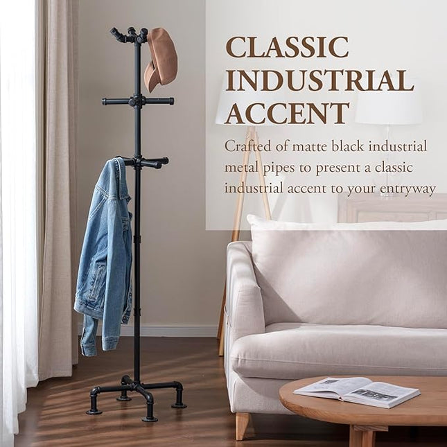 MyGift 64 Inch Industrial Black Metal Freestanding Coat Rack Stand with Realistic Pipe Design and 12 Hooks, Entryway Organizer for Hanging Coats, Hat, Handbags, Scarves