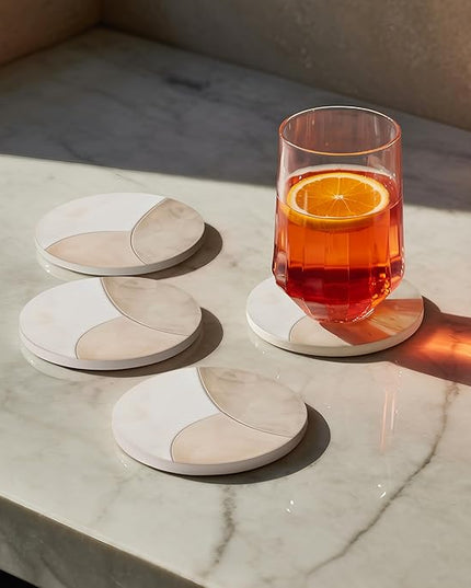 VEYRO Coasters Set of 4 for Drinks – Absorbent Ceramic Stone Drink Coasters with Cork Backing for Coffee Table & Desk, Modern Marble Look Cup Coaster Set, Housewarming Gift for New Home