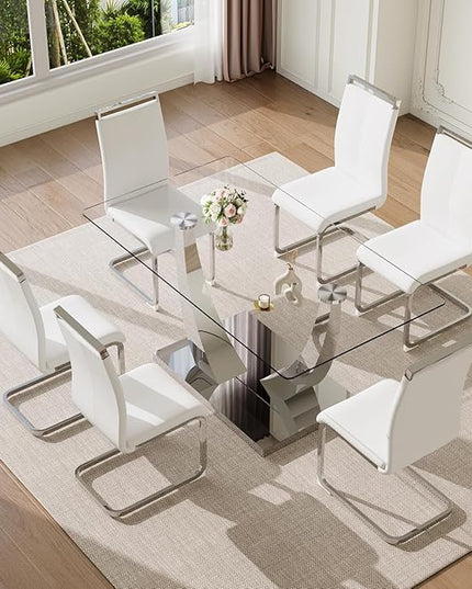 63” Glass Dining Table Set for 6,Modern Dining Room Table Set for 6, Kitchen Table and PU Leather Chairs, Rectangle Tempered Glass Table Set with Chrome Silver Legs