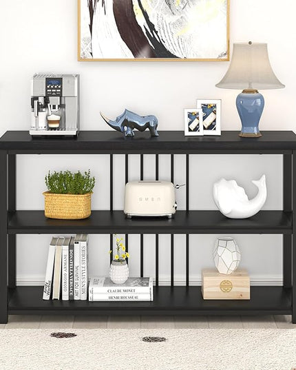 FOLUBAN Entryway Table, Modern Sofa Console Table with 3 Tier Storage Shelf for Living Room Hallway Foyer, Industrial Black Oak