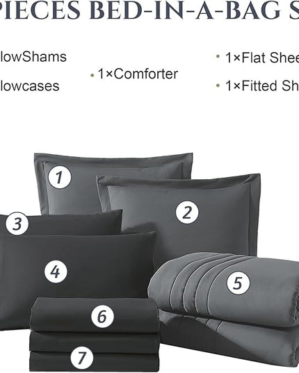 Monbix Queen Comforter Set - 7 Pieces Grey Bed in a Bag Queen Bedding Sets with Comforters, All Seasons Comforter Bed Set with Sheets,Pillowcases & Shams