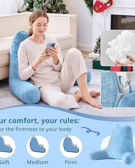 Sasttie 25-inch Reading Pillows for Sitting in Bed Adult, Jumbo Velvet Back Pillow Bed Sitting Up, XL High Back-Rest Support Cushion for Sit Up on Couch & Floor, Oeko-Tex Certified, Blue